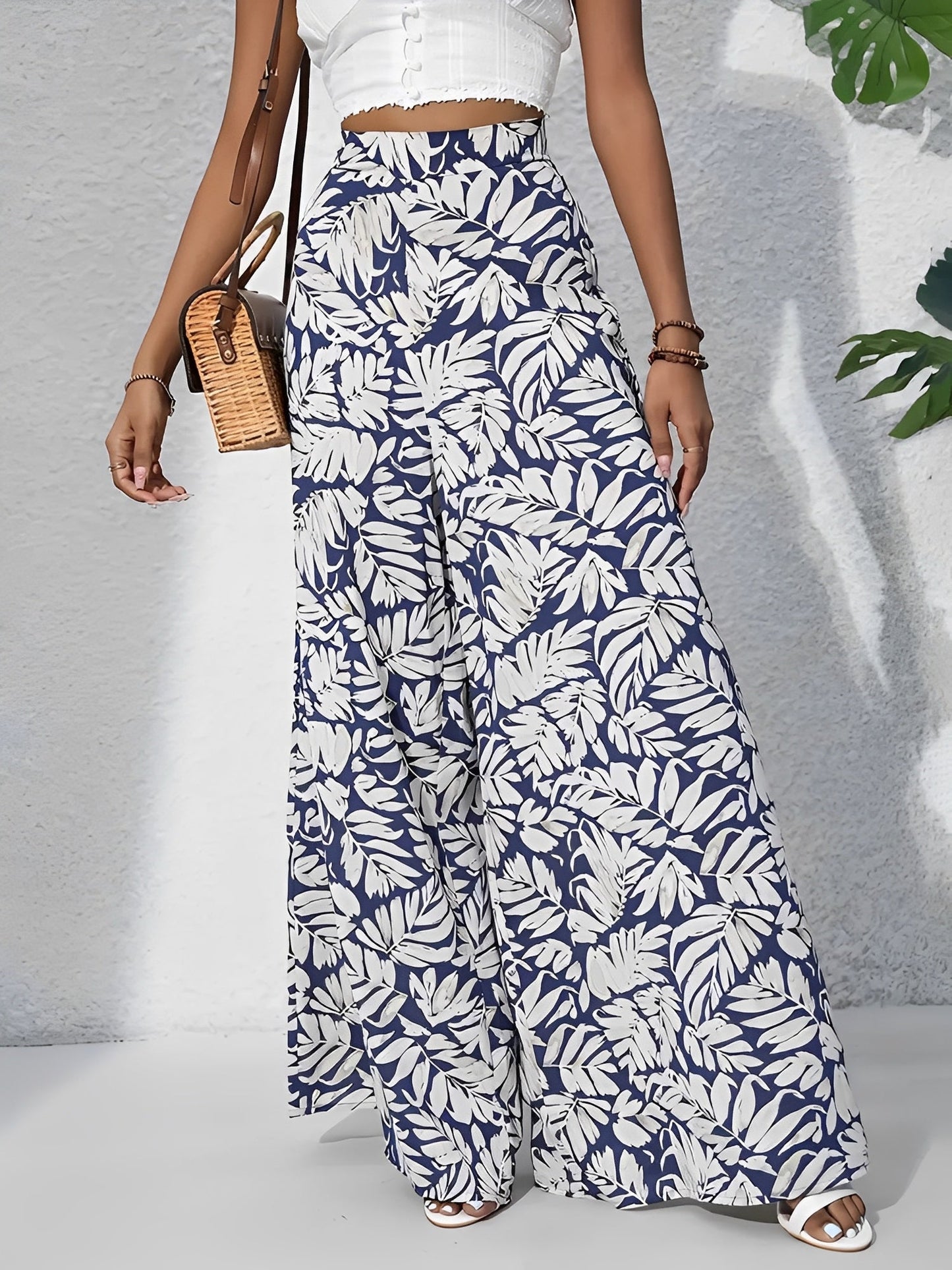 Tropical Printed Casual High-Waisted Wide-Leg Trousers Pants