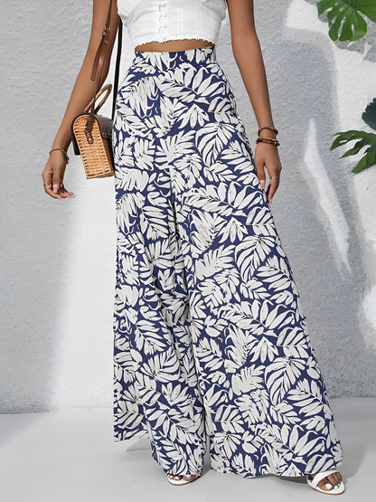 Tropical Printed Casual High-Waisted Wide-Leg Trousers Pants