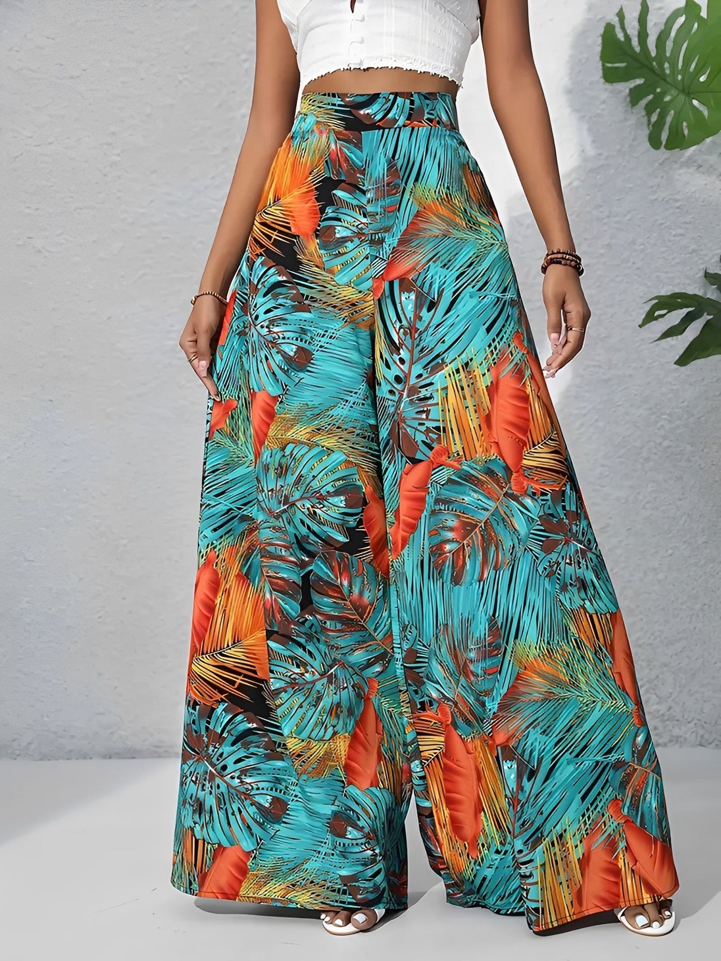 Tropical Printed Casual High-Waisted Wide-Leg Trousers Pants