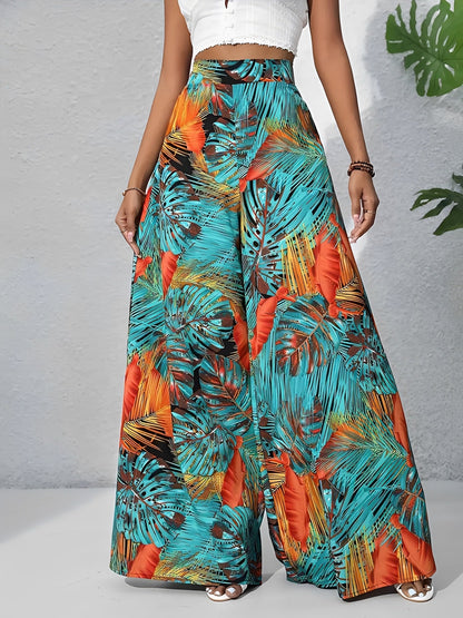 Tropical Printed Casual High-Waisted Wide-Leg Trousers Pants