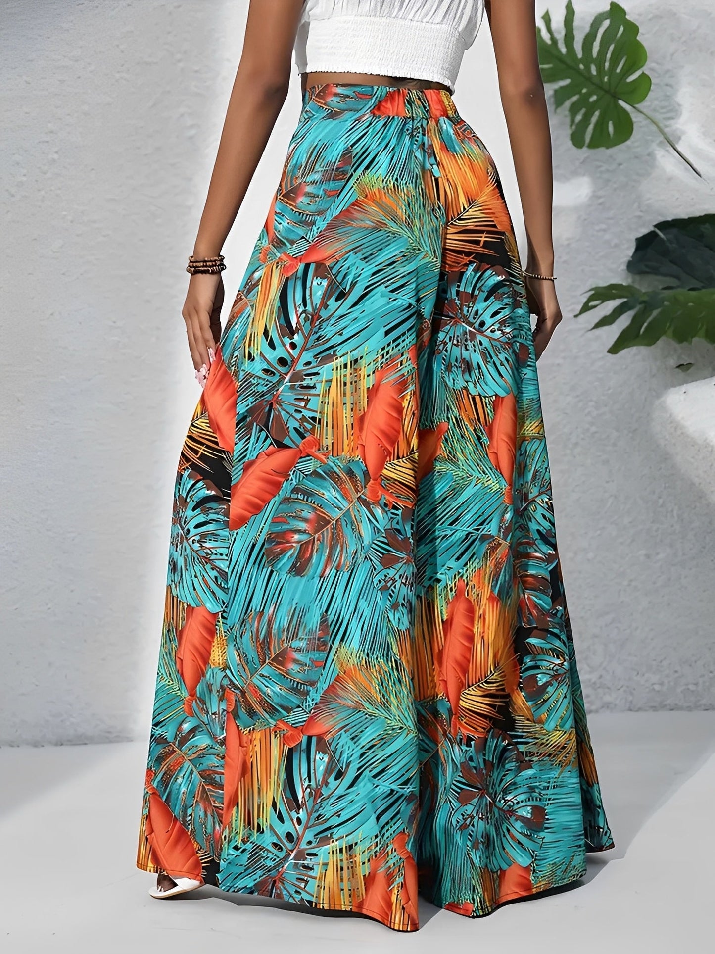 Tropical Printed Casual High-Waisted Wide-Leg Trousers Pants