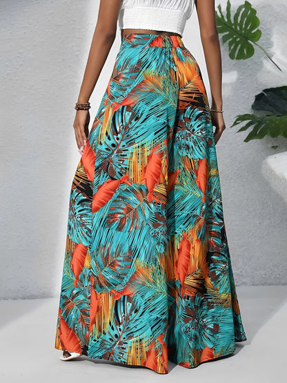 Tropical Printed Casual High-Waisted Wide-Leg Trousers Pants