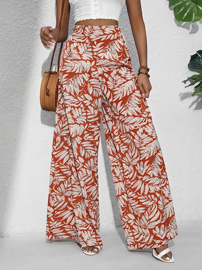 Tropical Printed Casual High-Waisted Wide-Leg Trousers Pants