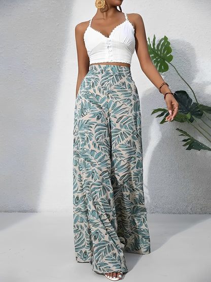 Tropical Printed Casual High-Waisted Wide-Leg Trousers Pants