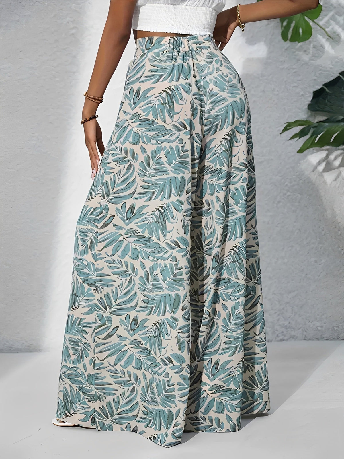Tropical Printed Casual High-Waisted Wide-Leg Trousers Pants