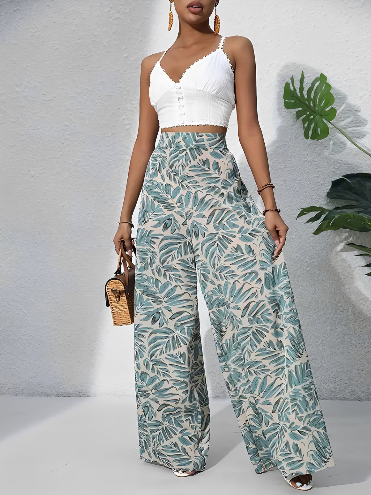 Tropical Printed Casual High-Waisted Wide-Leg Trousers Pants