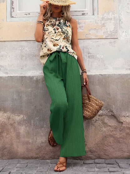 2 Pieces Floral Halter Blouse & Lace-Up Wide Legs Trousers Pants Resort Matching Set