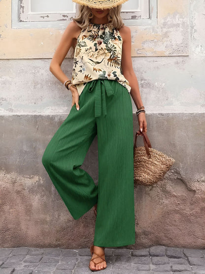 2 Pieces Floral Halter Blouse & Lace-Up Wide Legs Trousers Pants Resort Matching Set