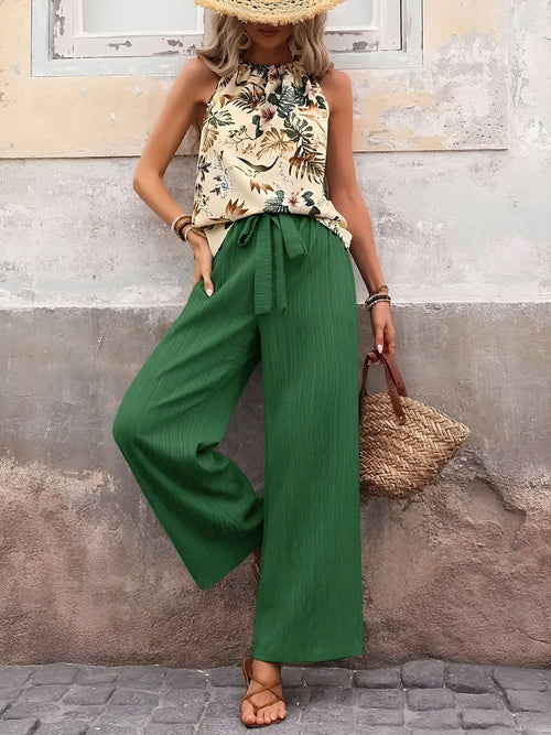 2 Pieces Floral Halter Blouse & Lace-Up Wide Legs Trousers Pants Resort Matching Set