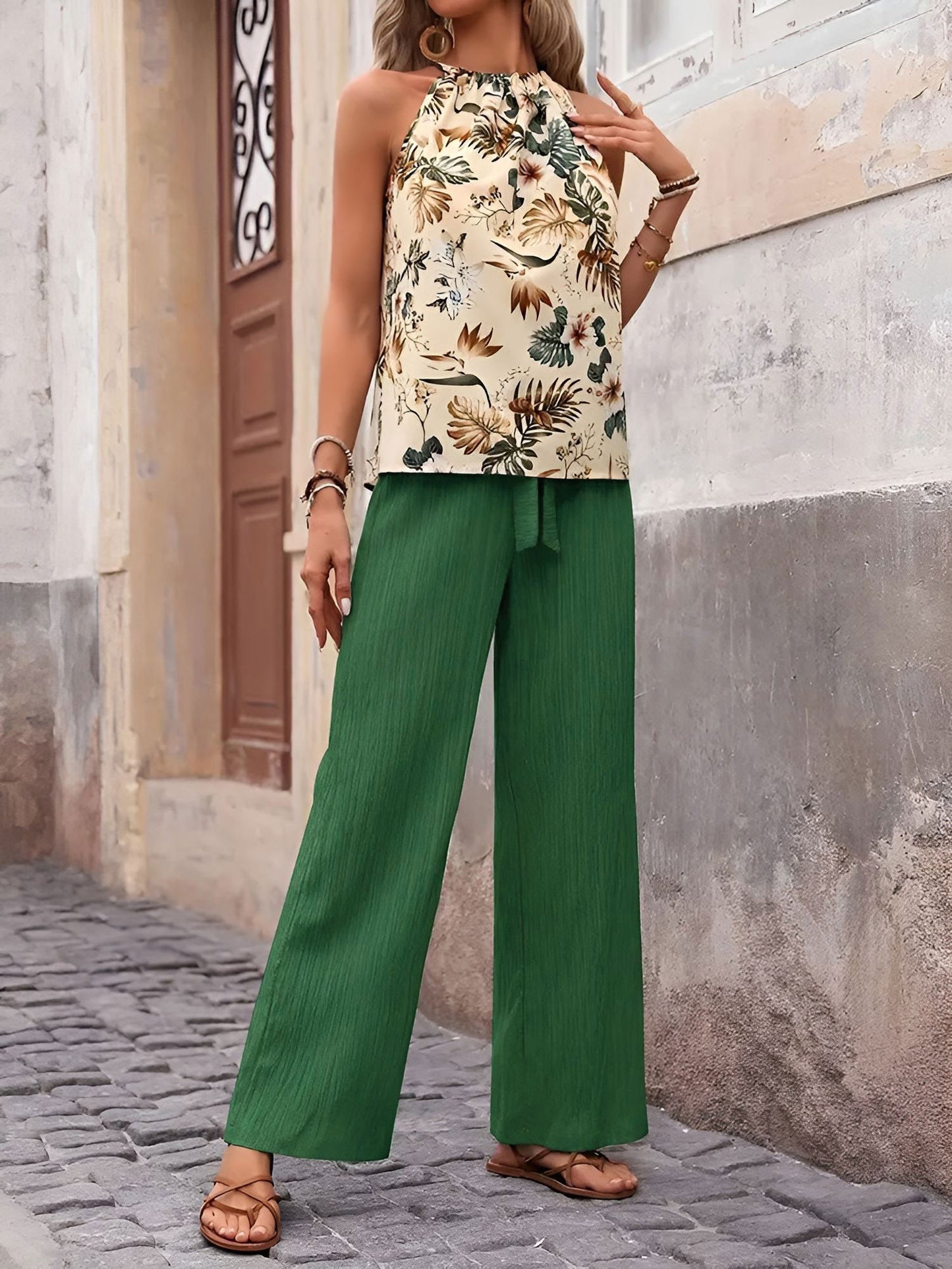 2 Pieces Floral Halter Blouse & Lace-Up Wide Legs Trousers Pants Resort Matching Set