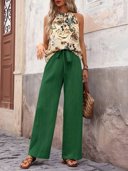 2 Pieces Floral Halter Blouse & Lace-Up Wide Legs Trousers Pants Resort Matching Set