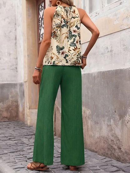 2 Pieces Floral Halter Blouse & Lace-Up Wide Legs Trousers Pants Resort Matching Set