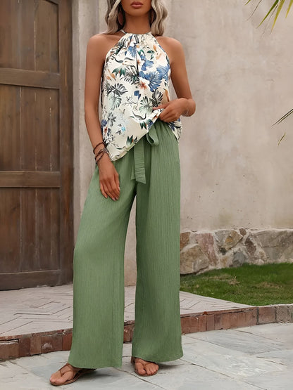 2 Pieces Floral Halter Blouse & Lace-Up Wide Legs Trousers Pants Resort Matching Set