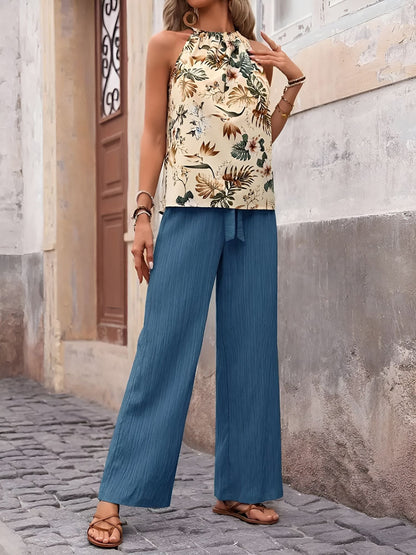 2 Pieces Floral Halter Blouse & Lace-Up Wide Legs Trousers Pants Resort Matching Set