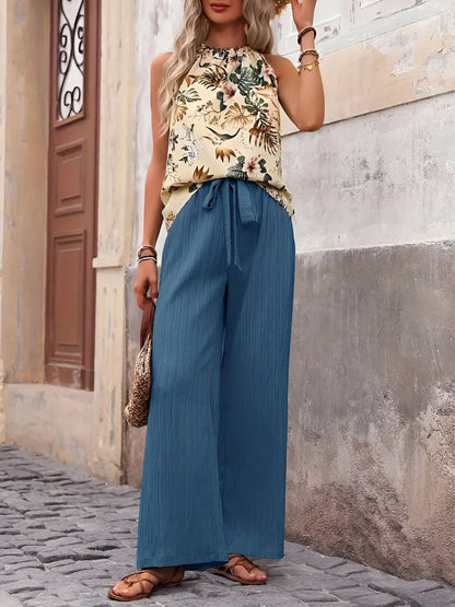 2 Pieces Floral Halter Blouse & Lace-Up Wide Legs Trousers Pants Resort Matching Set