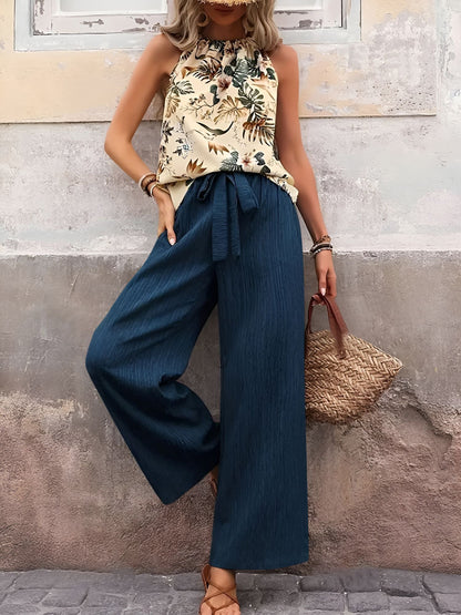 2 Pieces Floral Halter Blouse & Lace-Up Wide Legs Trousers Pants Resort Matching Set