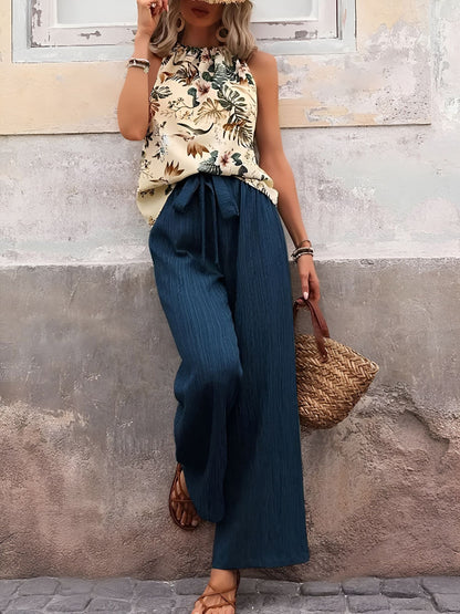 2 Pieces Floral Halter Blouse & Lace-Up Wide Legs Trousers Pants Resort Matching Set