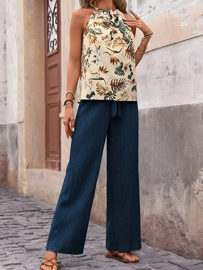 2 Pieces Floral Halter Blouse & Lace-Up Wide Legs Trousers Pants Resort Matching Set