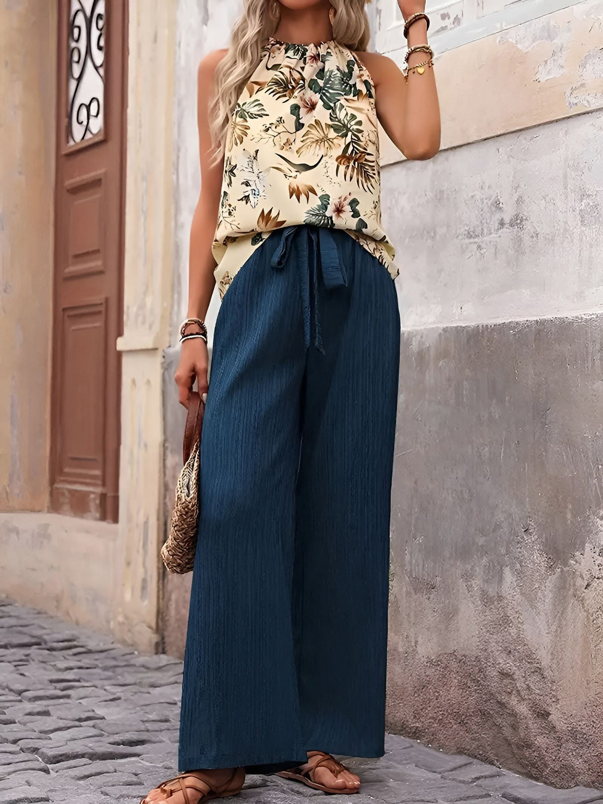 2 Pieces Floral Halter Blouse & Lace-Up Wide Legs Trousers Pants Resort Matching Set