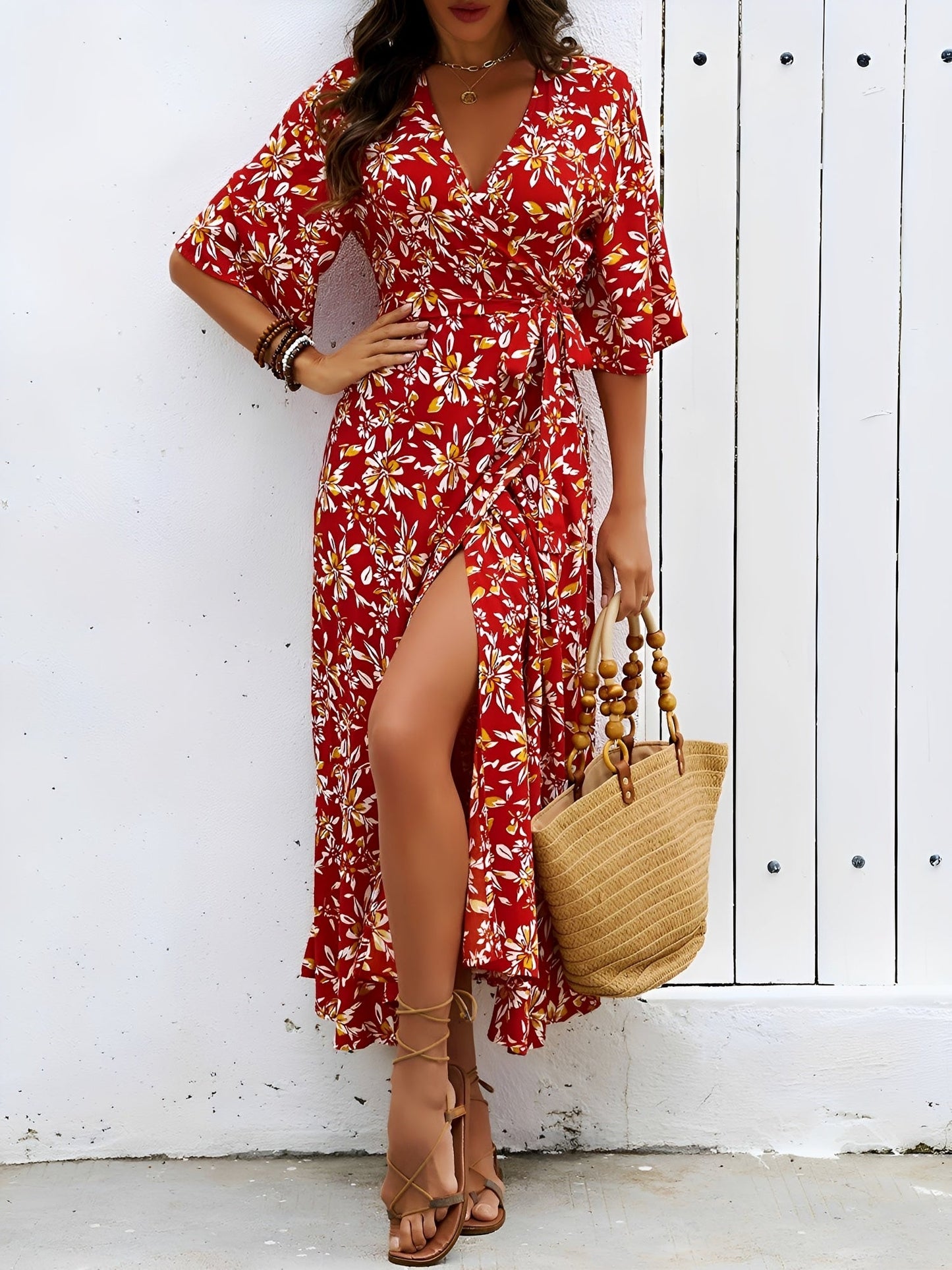 Floral Printed V Neck Slit Mid Sleeves Wrap Dress