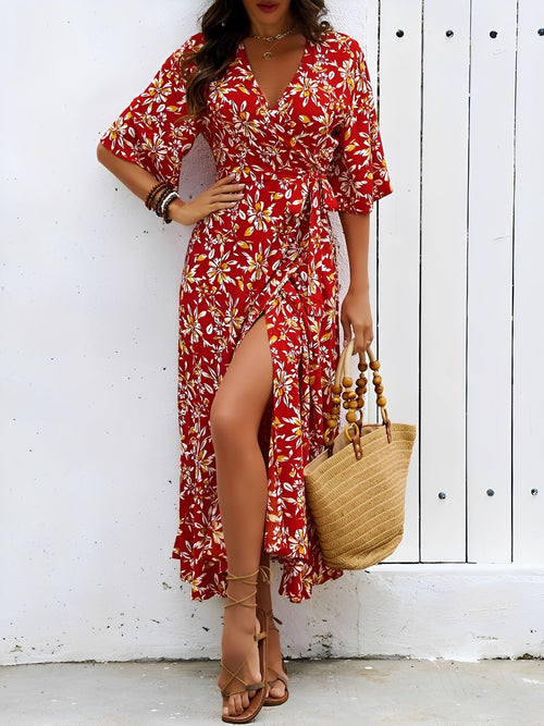 Floral Printed V Neck Slit Mid Sleeves Wrap Dress