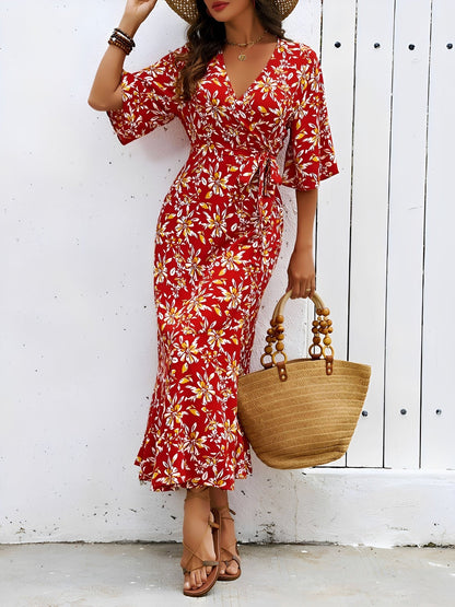 Floral Printed V Neck Slit Mid Sleeves Wrap Dress