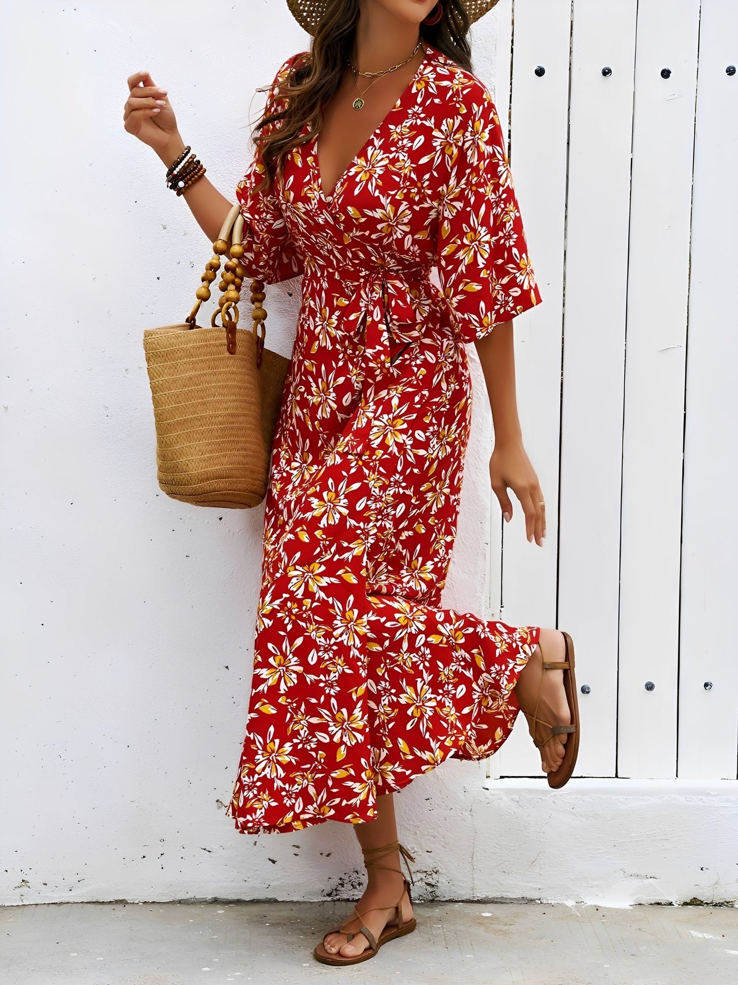 Floral Printed V Neck Slit Mid Sleeves Wrap Dress