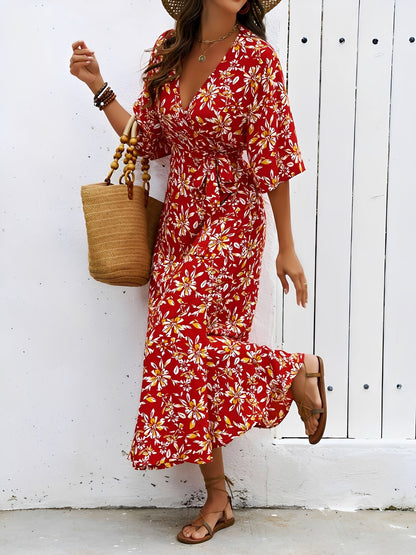Floral Printed V Neck Slit Mid Sleeves Wrap Dress