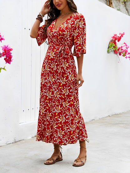 Floral Printed V Neck Slit Mid Sleeves Wrap Dress