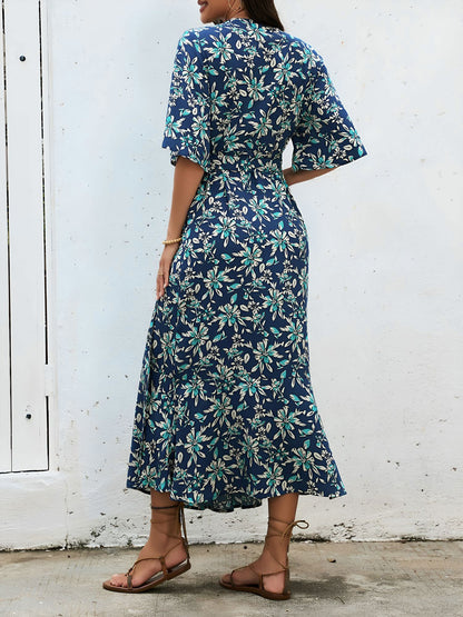Floral Printed V Neck Slit Mid Sleeves Wrap Dress