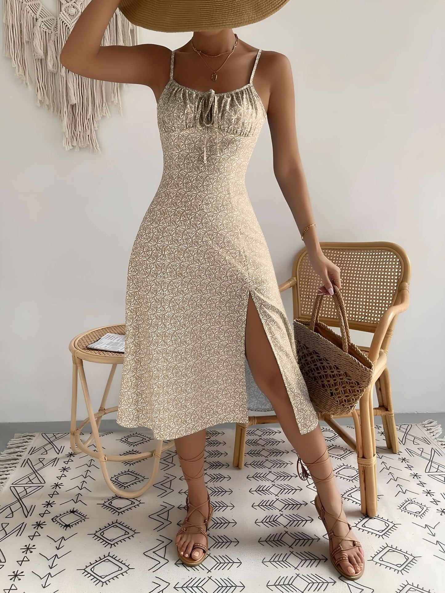 Floral Spaghetti Strap Slit Midi Dress