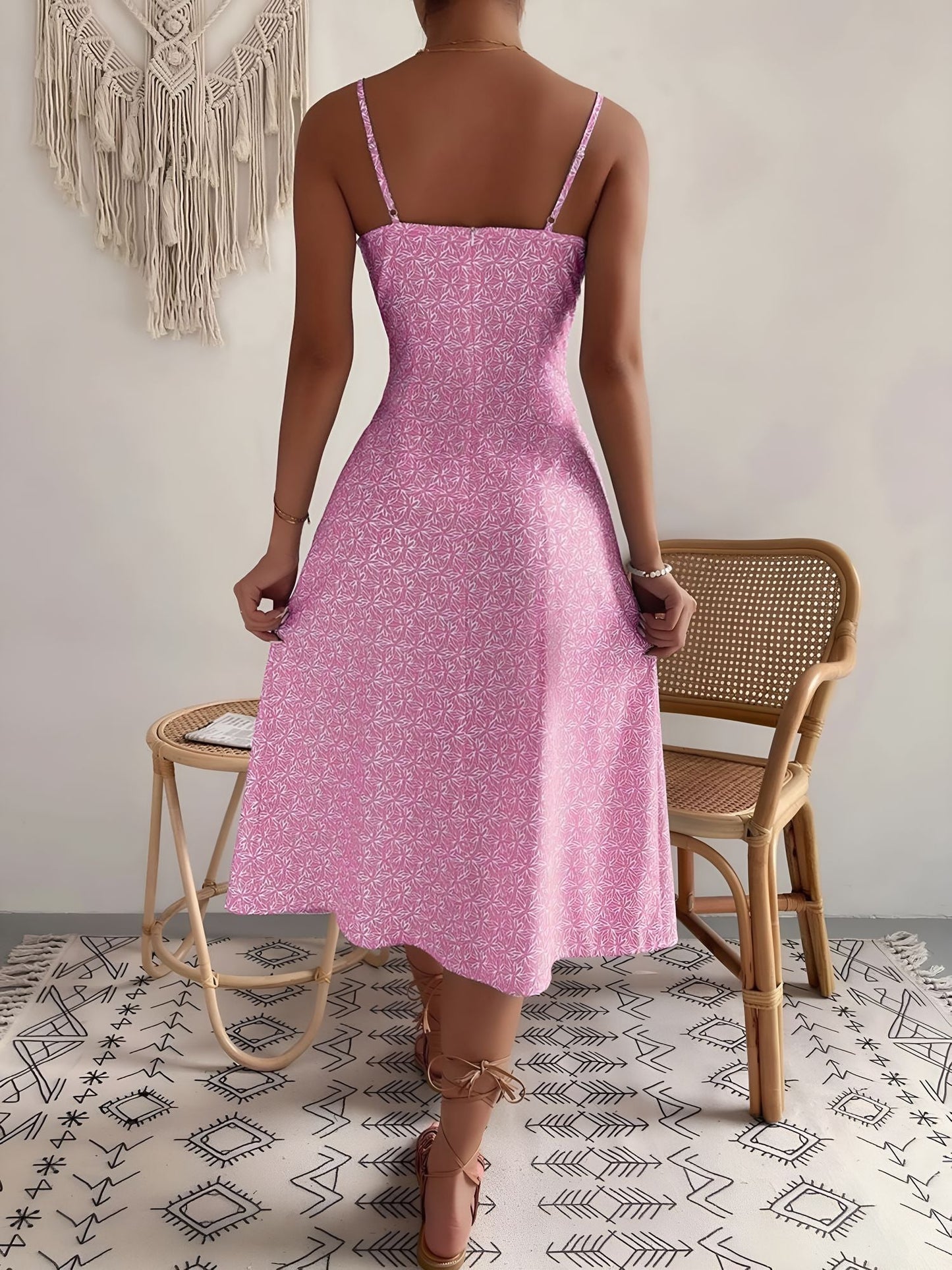 Floral Spaghetti Strap Slit Midi Dress