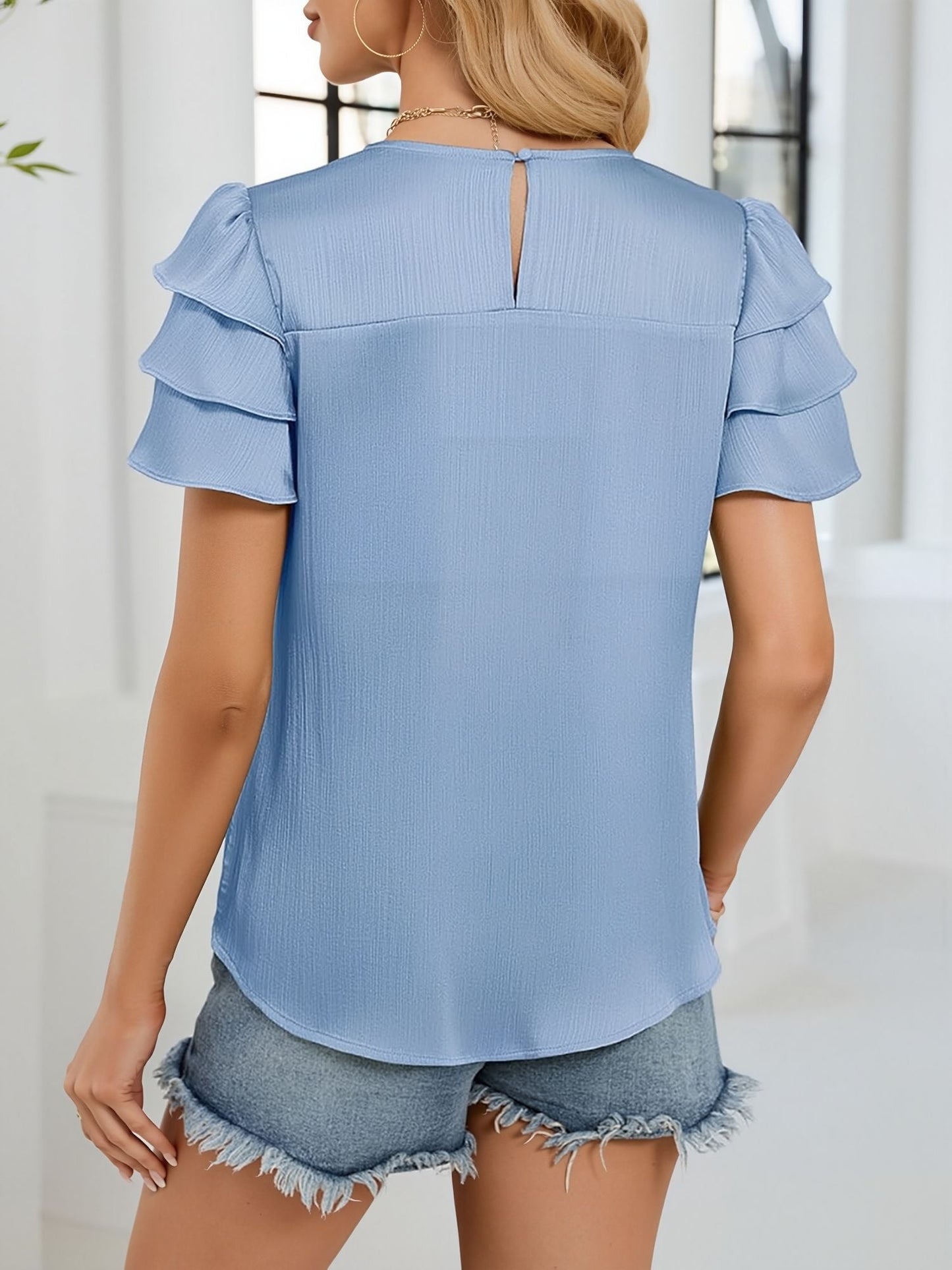 Satin Three-layer Ruffled Short Sleeve Smocked Blouse