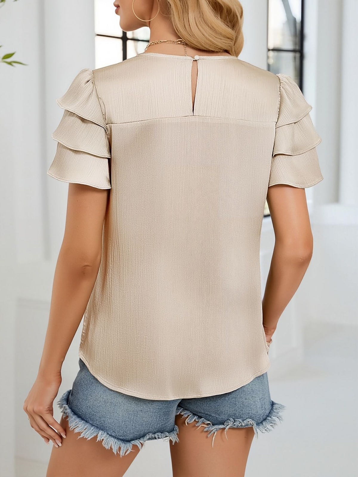 Satin Three-layer Ruffled Short Sleeve Smocked Blouse