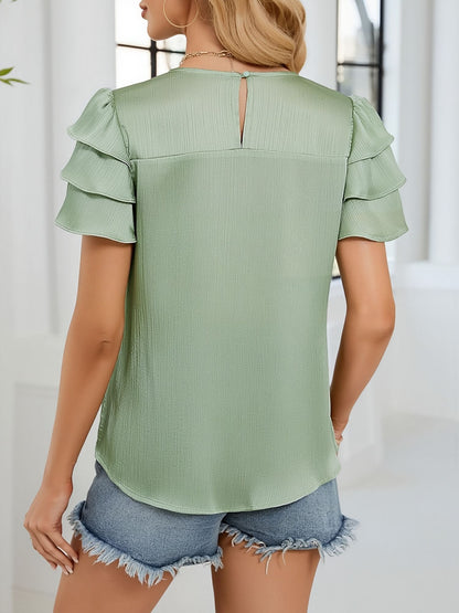 Satin Three-layer Ruffled Short Sleeve Smocked Blouse