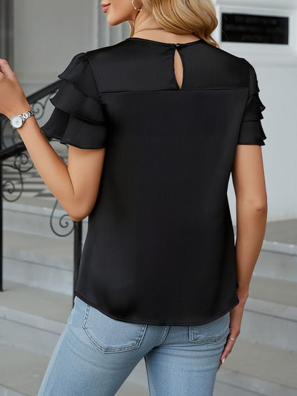 Satin Three-layer Ruffled Short Sleeve Smocked Blouse