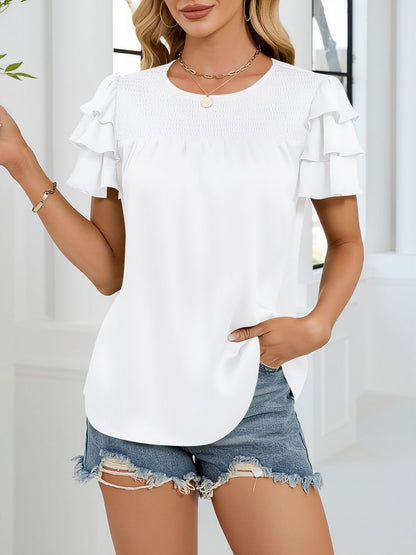 Satin Three-layer Ruffled Short Sleeve Smocked Blouse
