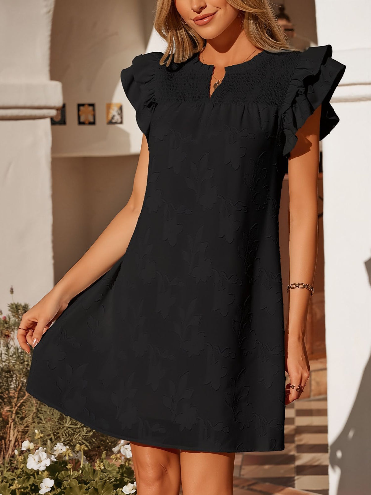 Notch Neck Smocked Ruffled Cap Sleeves Mini Dress