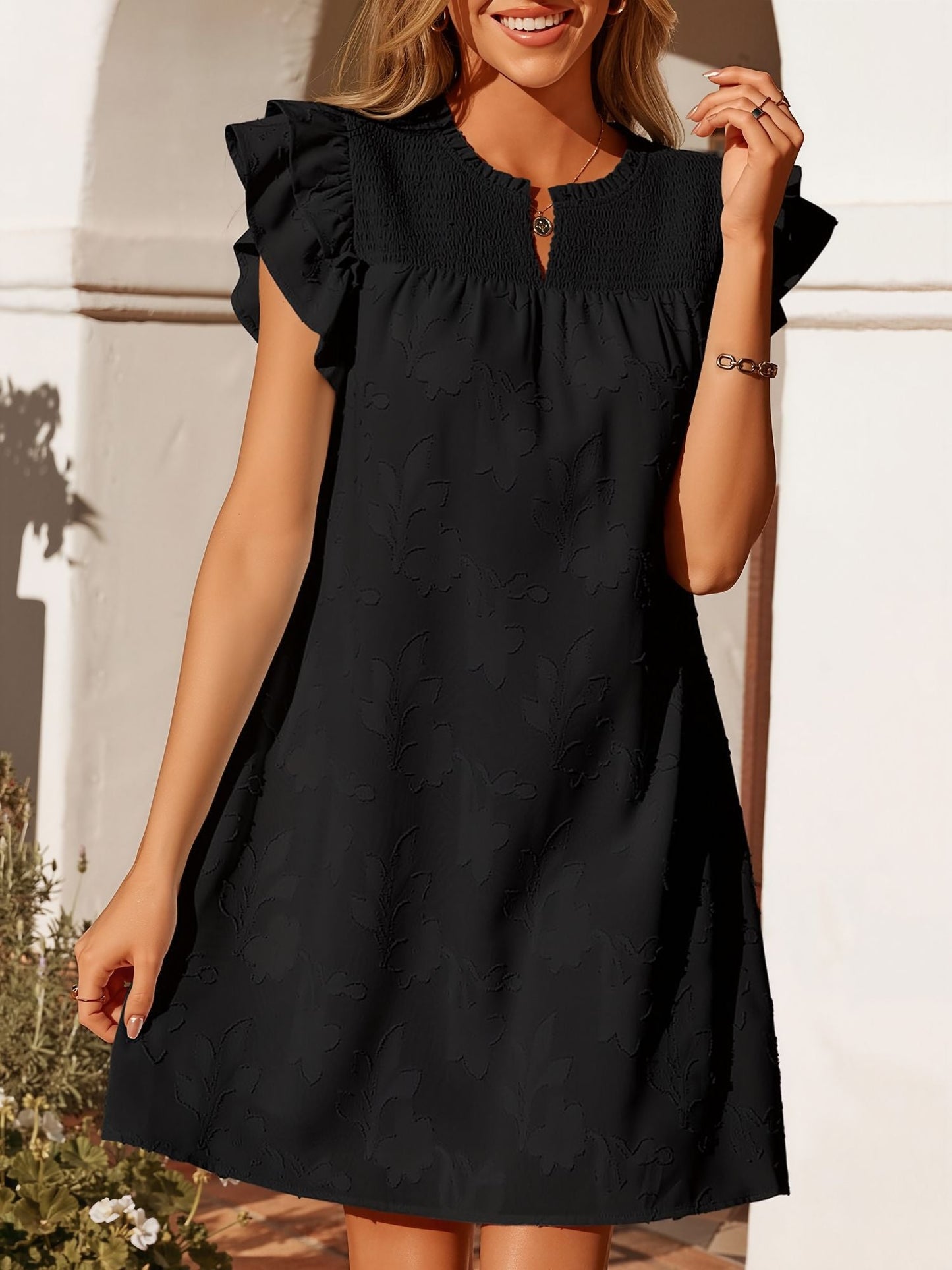 Notch Neck Smocked Ruffled Cap Sleeves Mini Dress
