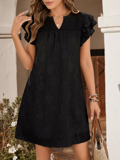 Notch Neck Smocked Ruffled Cap Sleeves Mini Dress