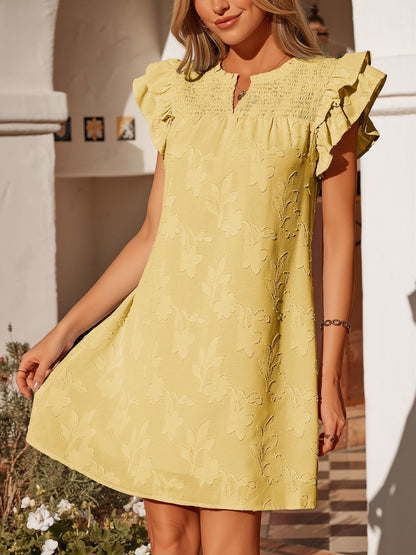 Notch Neck Smocked Ruffled Cap Sleeves Mini Dress
