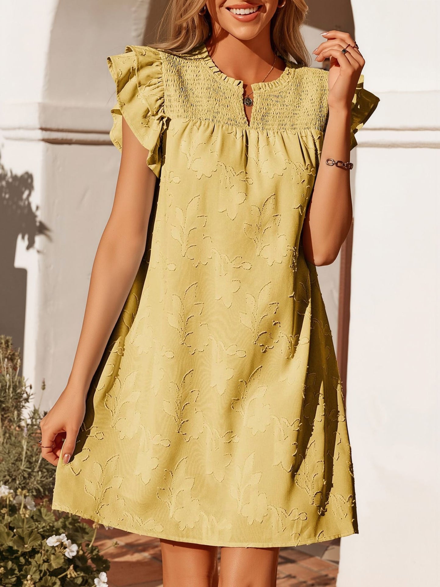 Notch Neck Smocked Ruffled Cap Sleeves Mini Dress
