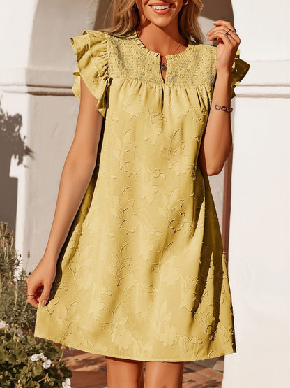 Notch Neck Smocked Ruffled Cap Sleeves Mini Dress