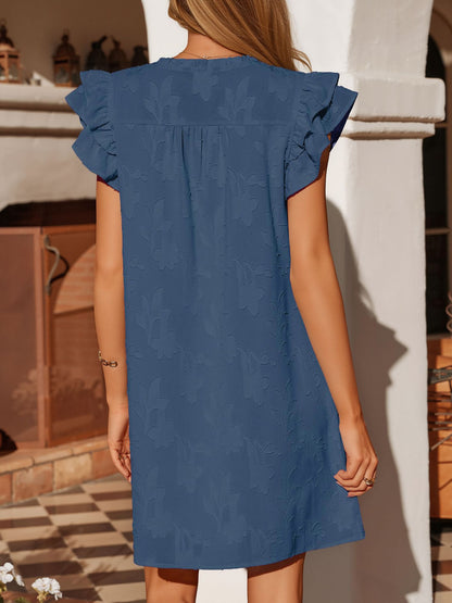 Notch Neck Smocked Ruffled Cap Sleeves Mini Dress