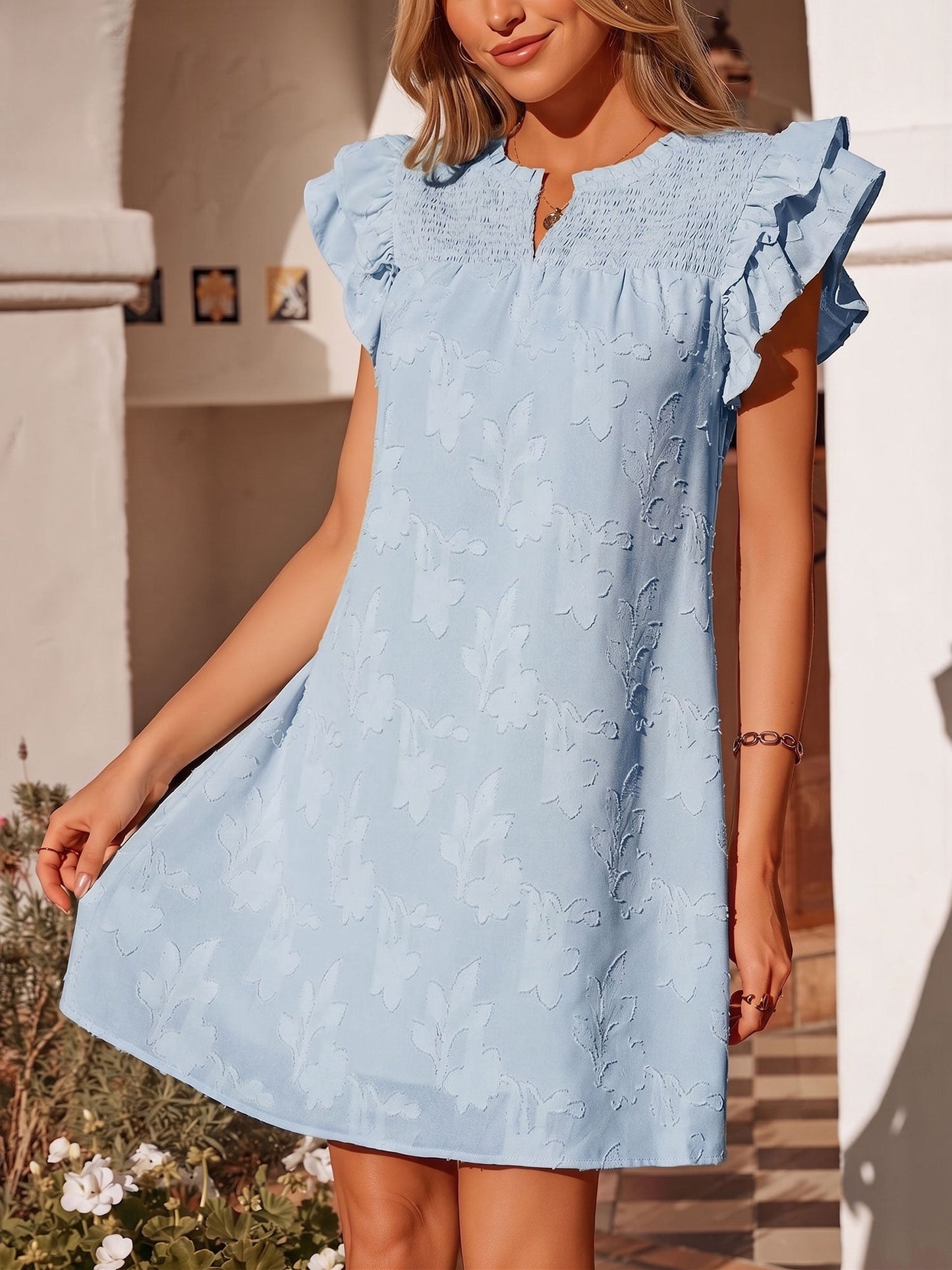 Notch Neck Smocked Ruffled Cap Sleeves Mini Dress