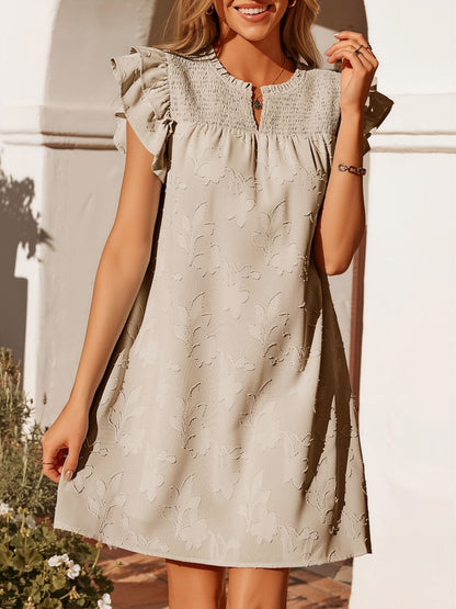 Notch Neck Smocked Ruffled Cap Sleeves Mini Dress
