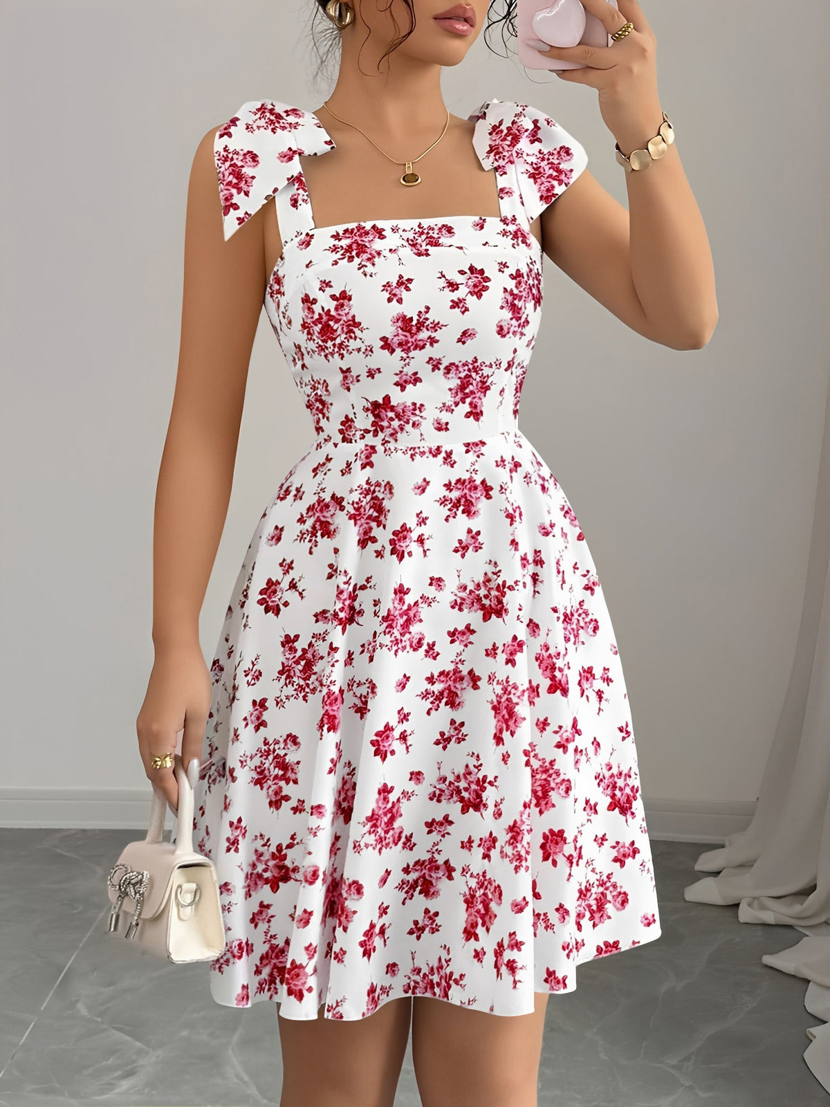 Floral Lace-Up Straps Backless Smocked A-Line Dress