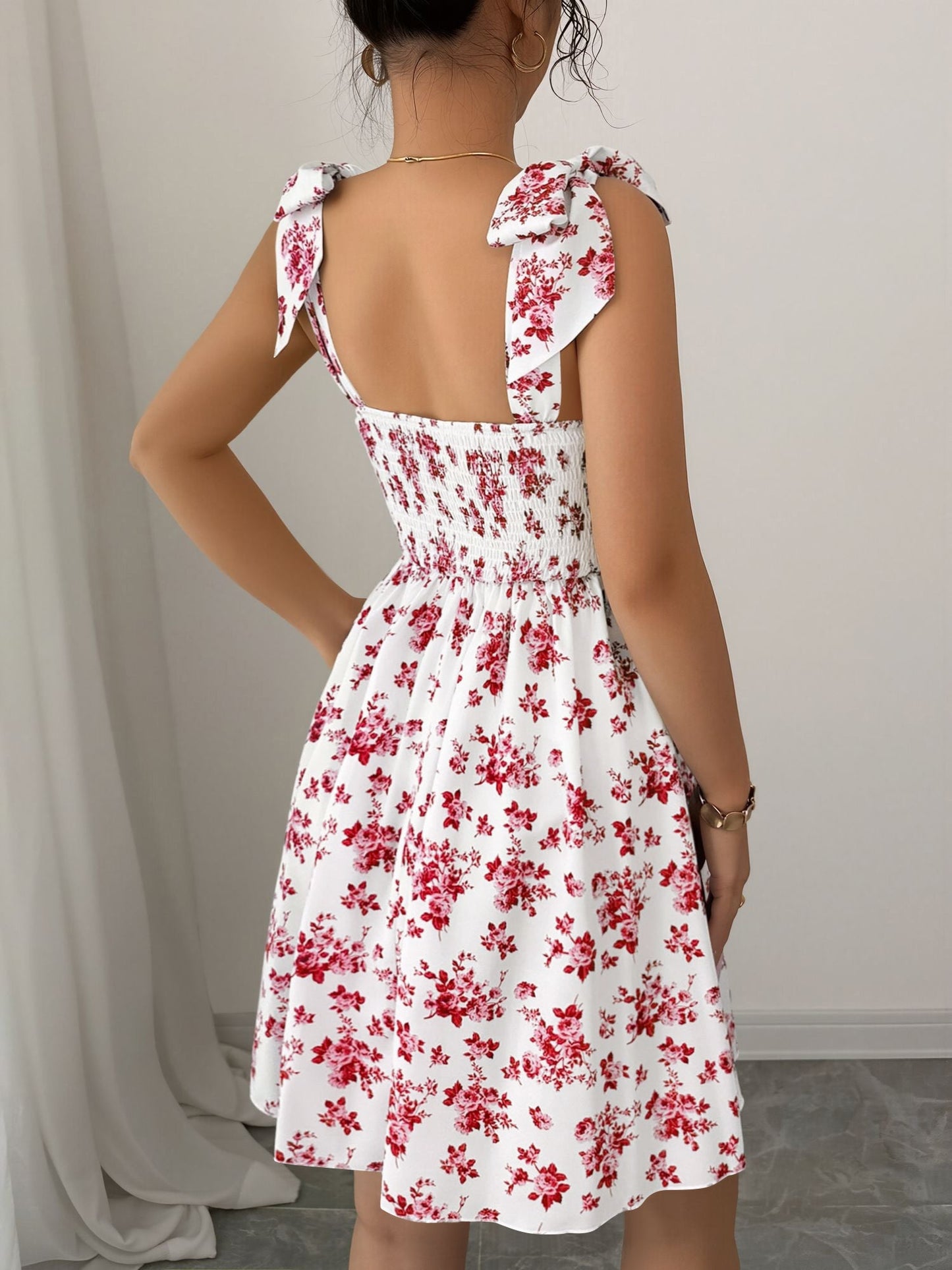 Floral Lace-Up Straps Backless Smocked A-Line Dress