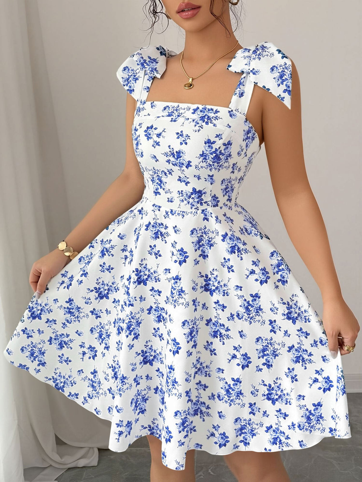 Floral Lace-Up Straps Backless Smocked A-Line Dress
