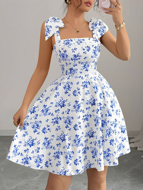 Floral Lace-Up Straps Backless Smocked A-Line Dress
